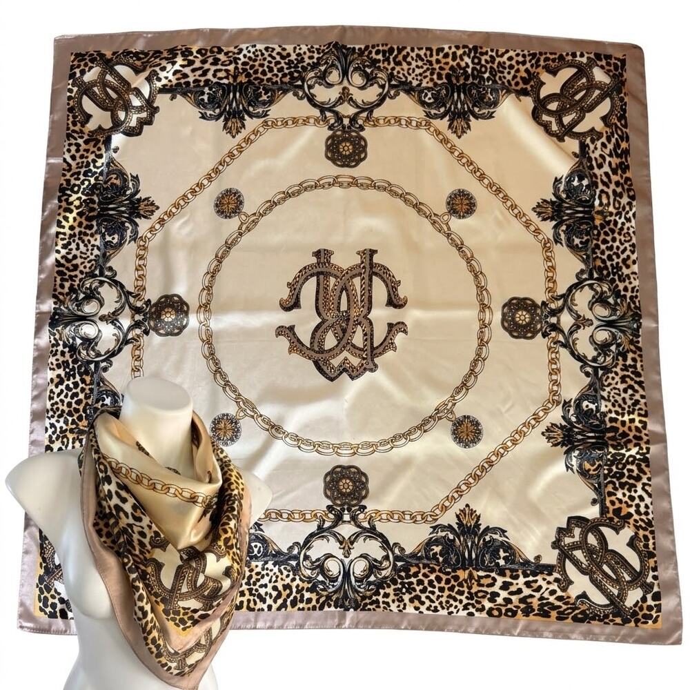 Vintage M.O.S.I 90s Baroque Leopard Chain Silky Square Scarf 36x36 NWOT